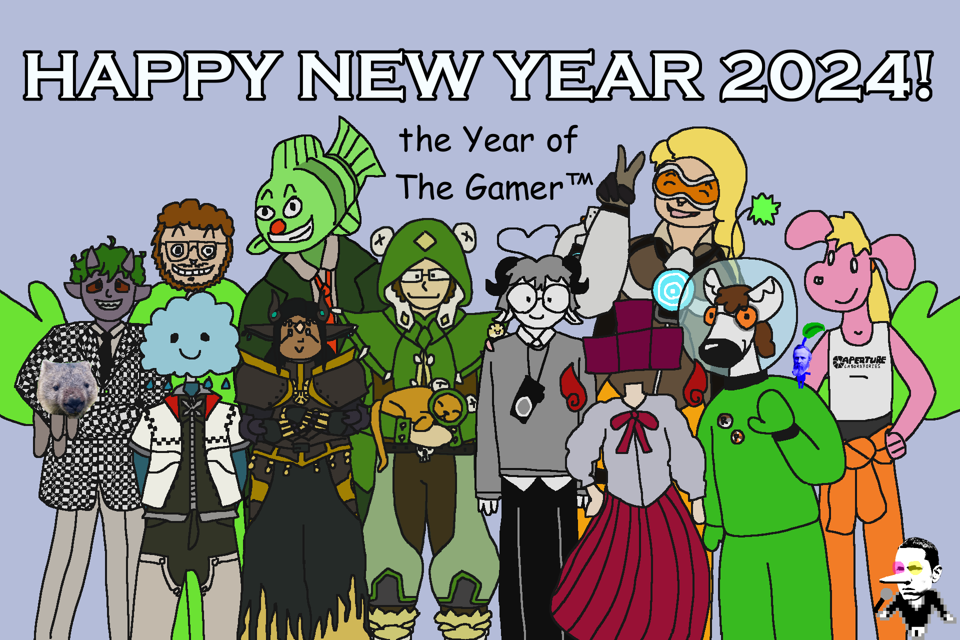 a digital drawing of eleven people dressed as their favorite video game characters they played as or with in 2023. at the top it says 'happy newyear 2024!' in all caps, and underneath that it says 'the year of the gamer™'