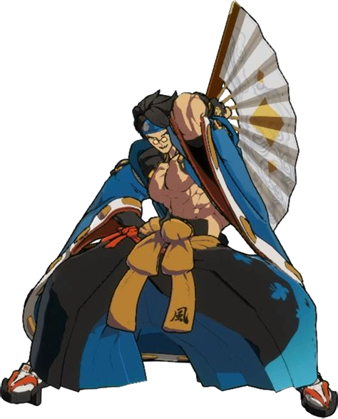 anji mito from guilty gear strive. he is a muscular japanese dancer who weilds two large fans. he's standing with a wide squat facing the viewer and holding his fan up behind his head and the other down behind his body. he wears long, blue, connected sleeves and long, thick, blue and black pants. his chest is exposed