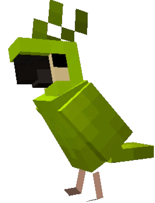 a gif of a green minecraft parrot dancing
