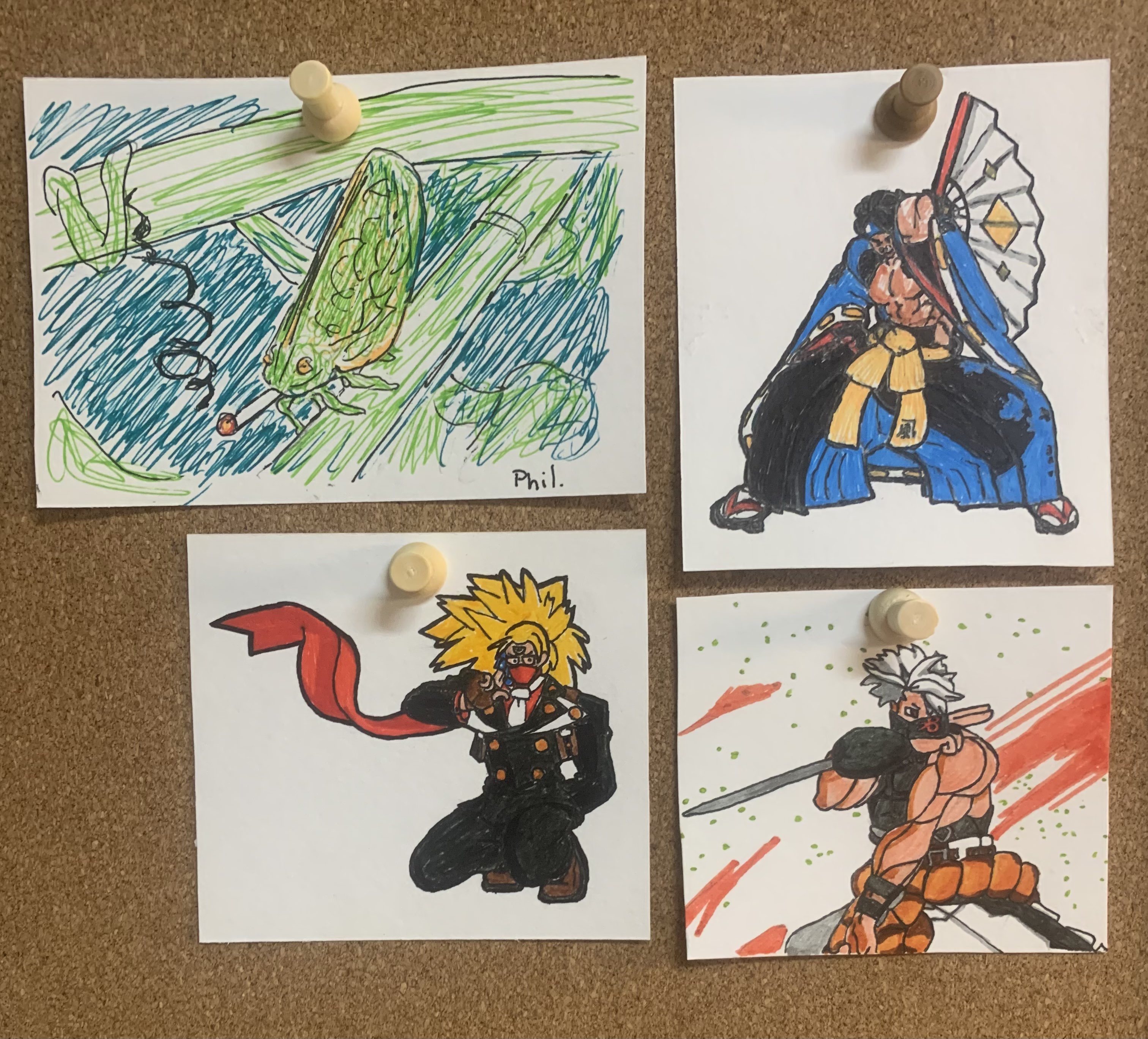 a picture of a bulletin board. there are four, small drawings pinned to it. clockwise from the top left, there is a sketch of a planthopper smoking a blunt, labeled 'Phil;' a drawing of the sprite of Anji Mito from Guilty Gear Strive doing his counter overdrive, where he stands with a wide stance and holds one of his fans like a shield; a drawing of Chipp Zanuff from Guilty Gear Strive starting his Zansei Rouga overdrive, where he stands in a ninja pose with red and green particles around him; and a drawing of Answer from Guilty Gear Xrd REV 2 squatting while he talks on the phone