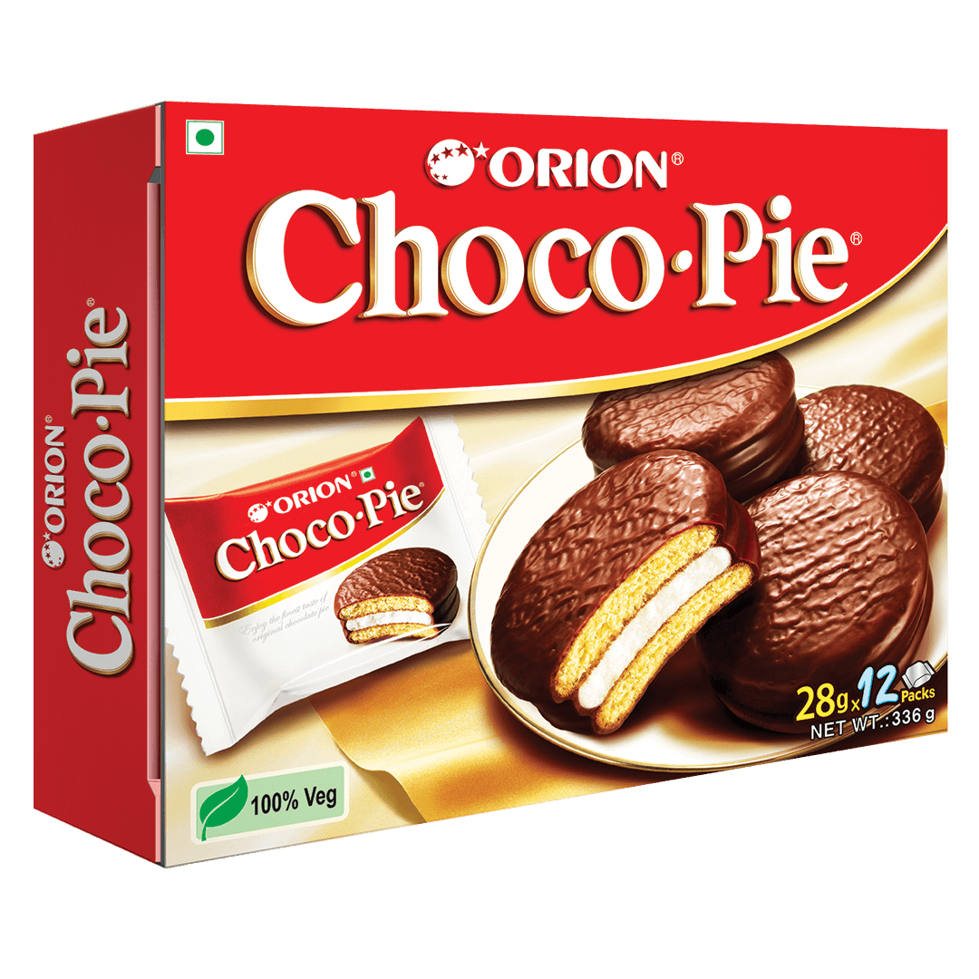 a picture of a box of Orion brand Choco-Pies. the box is red and depicts chocolate-covered cake sandwiches filled with marshmallow