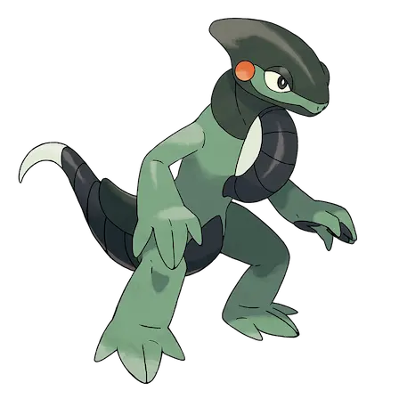 the official art for the pokemon Cyclizar. it is a green lizard standing on two legs. it has a dewlap, like an anole, which looks like a bike tire, and its tail has a similar appearance. its head and part of its tail are dark green, and it has round, orange spots behind its eyes