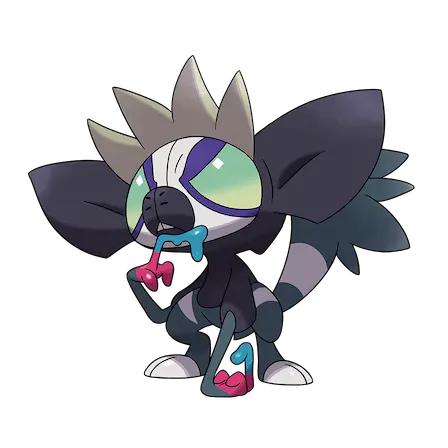 the official art for the pokemon Grafaiai. it is a small lemur with large, light green eyes outlined in violet. it has large, black ears and a tuft of white fur on the top of its head between them, a black snout with its two front teeth showing, and a white face. its torso is black, and the fur of its legs and tail are teal with broad, white stripes. its arms are teal and its hands have 3 fingers with the middle being much longer than the other two. its fingers are bright pink and its middle fingers are dripping with cyan poison.