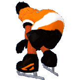 a 3D render of Gritty, the mascot for the Philadelphia Flyers, a professional ice hockey team. he is facing away from the viewer with his torso leaning forward and knees bent so his but sticks out