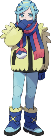 the official art of Grusha, the Ice-type gym leader from Pokemon Scarlet and Violet. he has long, icy blue hair, blue eye makeup, and light blue eyes. he is wearing a heavy, pale yellow sweater with black trim, as well as pale blue leggings and blue winter boots with pale yellow fur and black soles. he wears a red and blue scarf that covers the bottom half of his face, and it has a knitted pokeball shape on one end. he also wears blue mittens, and is holding one hand up to his face