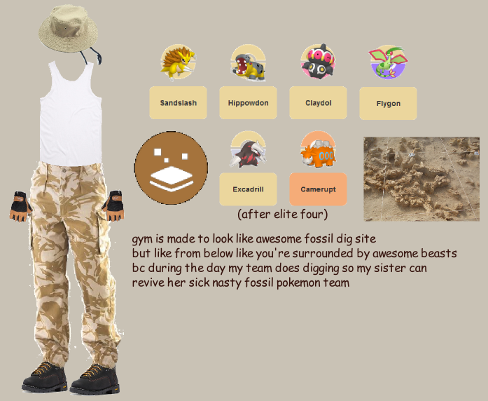 a digital collage of images. to the left is an outfit consisting of desert camo cargo pants, boots, a white tank top, fingerless gloves, and a beige bucket hat. to the right are pictures of sandslash, hippowdon, claydol, and flygon. below is the ground type symbol, and excadrill and camerupt labeled as '(after elite four).' there is also a picture of a fossil dig site from above. below all of that is text that reads 'gym is made to look like awesome dig site but like from below like you're surrounded by awesome beasts because during the day my team does digging so my sister can revive her sick nasty fossil pokemon team.'