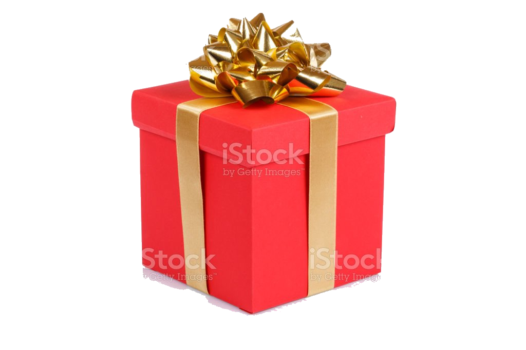 a stock image of a red gift box with gold ribbons. it has istock watermarks on it