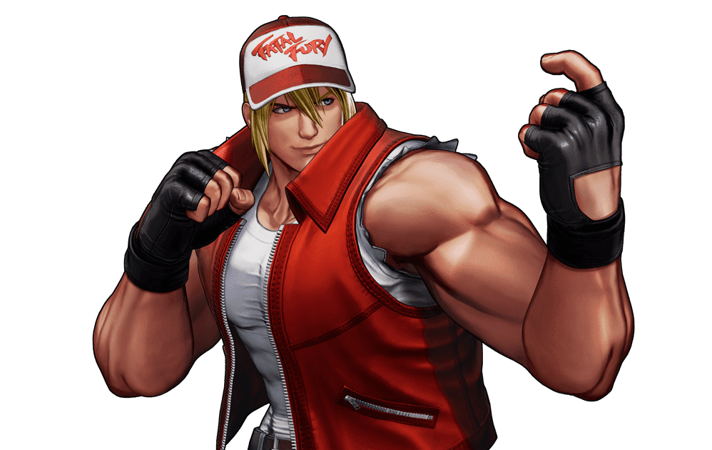 official art of terry bogard from the king of fighters fifteen. terry is a muscular man with a long blond ponytail who wears a red vest and trucker hat