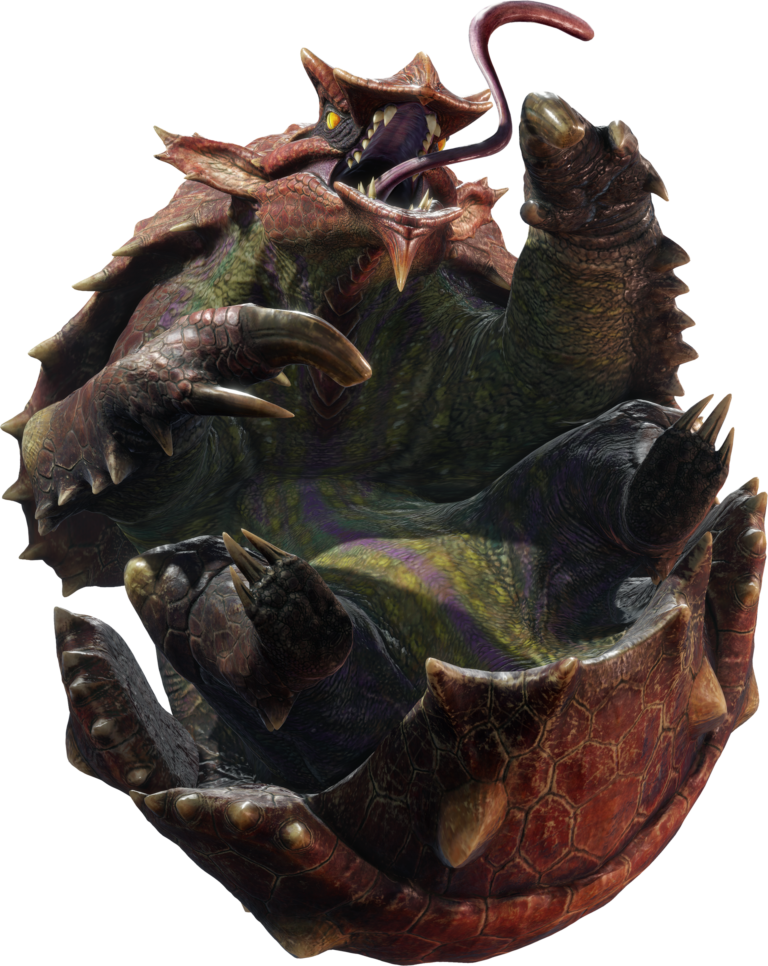 official art for Volvidon, a large monster from Monster Hunter. it's a large, armadillo-like monster with red armor plating, a long, toothy snout, and a very long tongue
