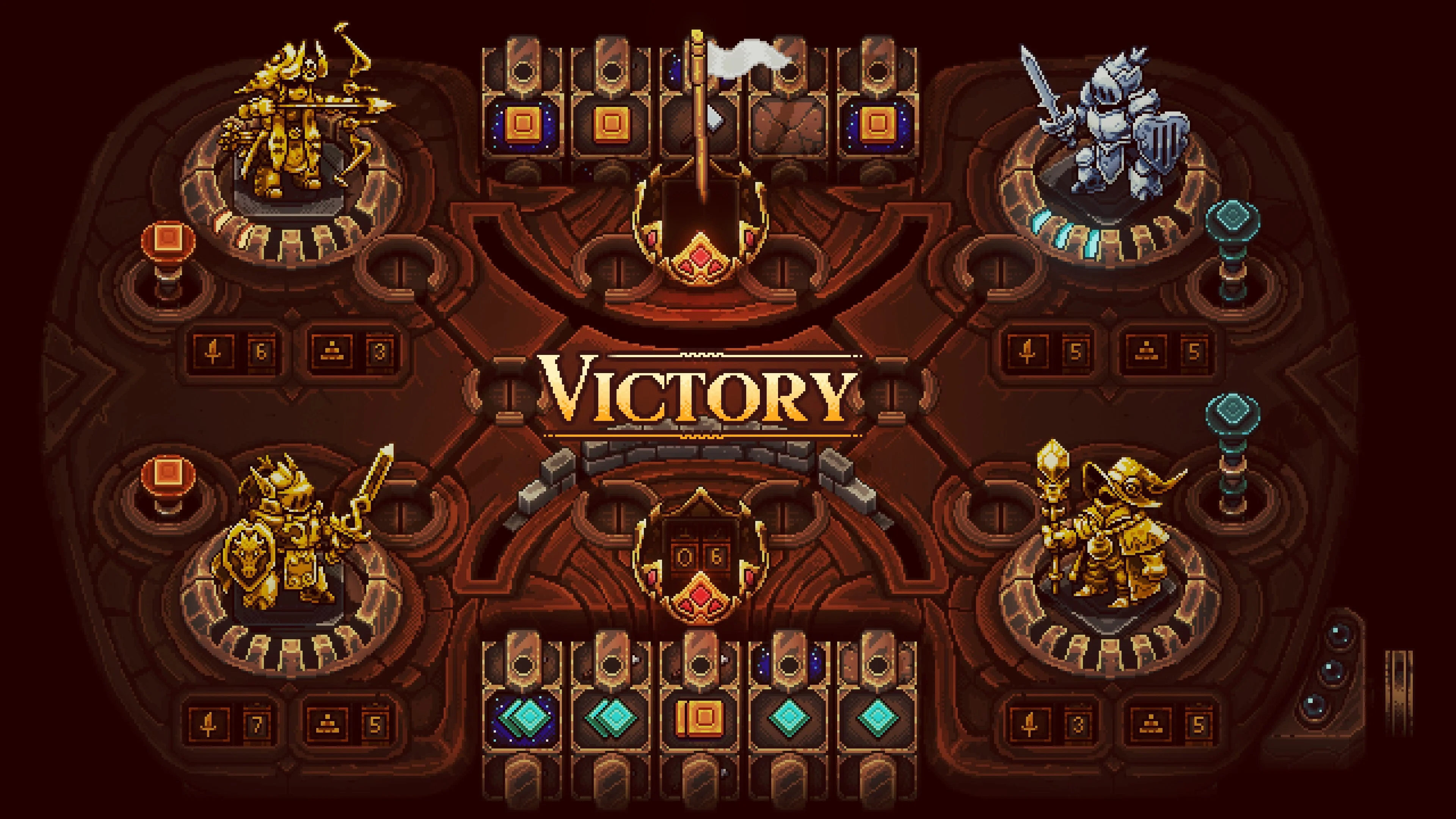 a screenshot of the wheels table in sea of stars. there are four hero figurines on a bronze table with slots and trapdoors. there is a white flag flying above the opponent's crown, and it says 'victory' in the middle of the screen