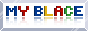 an 88x31px button. it is white, and made to look 3D. it says 'MyBlace' in all caps, colorful pixel font. the words are mirrored below, as if standing on a reflective surface