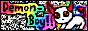 an 88x31px button. it features a a black and white background like TV static. there is a white TBH creature with bright red eyes and devil horns and tail. it says 'Demon-boy' in black handwriting. both the creature and the words have a rainbow aura, and the text flashes white briefly