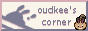 an 88x31px button. it features a light background that says 'oudkee's corner,' and a forward facing, animated sprite of sentret from pokemon heart gold and soul silver