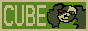 an 88x31px button. it features a green background with pale yellow border and text. to the left it says 'cube' in all caps. to the right is a drawing of the head of cube's fursona. clump is a 'cool dog,' which looks like a dog but is cooler. it has fluffy green ears and a tan head with large green spots, and it wears oval, rimless glasses with one red and one green lens