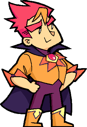 static sprite of kaz from beastieball. he has spiky red hair and wears an orange dress shirt with purple tights, orange boots, and a purple cape