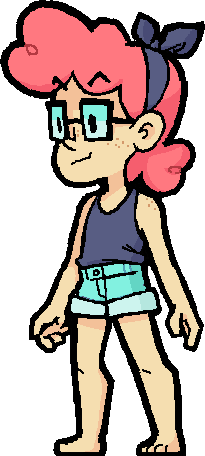 static sprite of riley from beastieball. she has fluffy pink har and wears a purple headband, square glasses, a purple tank top, light jean shorts, and no shoes or socks