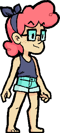 static sprite of riley from beastieball. she has fluffy pink har and wears a purple headband, square glasses, a purple tank top, light jean shorts, and no shoes or socks