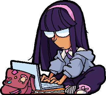 static sprite of riven from beastieball sitting on the ground using her laptop on top of her book and in front of her messenger bag. she has long, straight, dark purple hair and wears a pink headband behind her bangs, round glasses, a periwinkle sweater and baggy purple pants