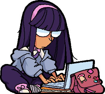 static sprite of riven from beastieball sitting on the ground using her laptop on top of her book and in front of her messenger bag. she has long, straight, dark purple hair and wears a pink headband behind her bangs, round glasses, a periwinkle sweater and baggy purple pants