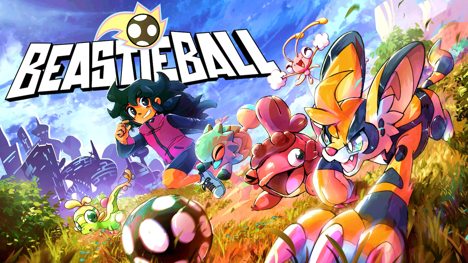 the official promotional art for beastieball. the default player character, who has long and wild dark hair and wears a pink jacket with black sleeves, runs through a grassy field with beasties sprecko, skibble, axolati, cherrily, and servace, chasing a black and white ballshroom. the tall, violet buildings of geo city are visible in the background against the bright blue sky where the 'beastieball' logo sits