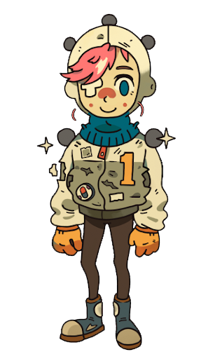 official art of alva from eastward. she wears a space suit with a hood which her pink bangs stick out of