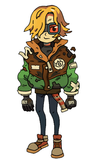 official art of isabel from eastward. she has short blonde hair and wears goggles and a bomber jacket