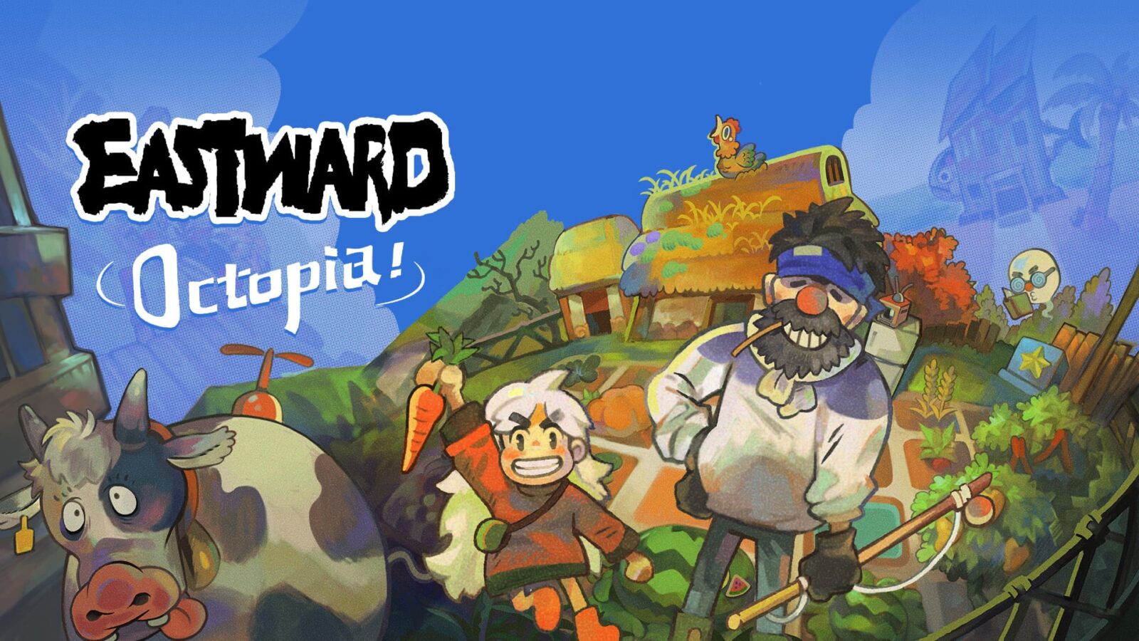 the key art promoting the octopia dlc for eastward. it features sam and john looking happy and comfortable while tending to their farmland, which has a small cottage and a cow