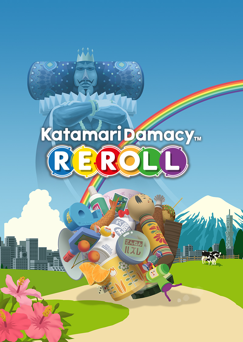 the art for Katamari Damacy REROLL. it features a bright landscape of green hills, blue skies, a distant mountain, and a rainbow. the Prince rolls a katamari while the King looks down on him from the sky