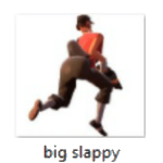 a screenshot of an image file. it is a transparent picture of Scout from Team Fortress 2. he is running away from the viewer, and his ass is extremely pronounced. the image is called 'big slappy'