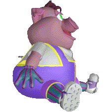 a transparent image of Piggy from Piggy in Numberland (1998) for Windows 95/98. Piggy is a humanoid pig with bright green eyes and brown hair. he is wearing overalls which are violet on the side facing the viewer and magenta on the other side with yellow trim, striped purple and teal gloves and socks, white and violet shoes, and a white undershirt. he is sitting facing the right, looking at the main boxes of the website