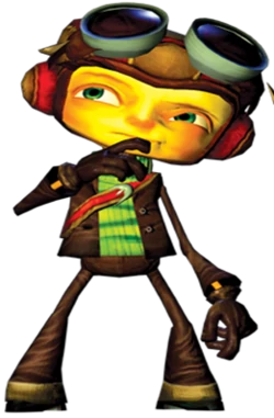a picture of Raz, the player character in Psychonauts. he is a young boy who wears goggles and a helmet, a green sweater and a leather jacket. he has his hand on his chin and is looking away like he is thinking