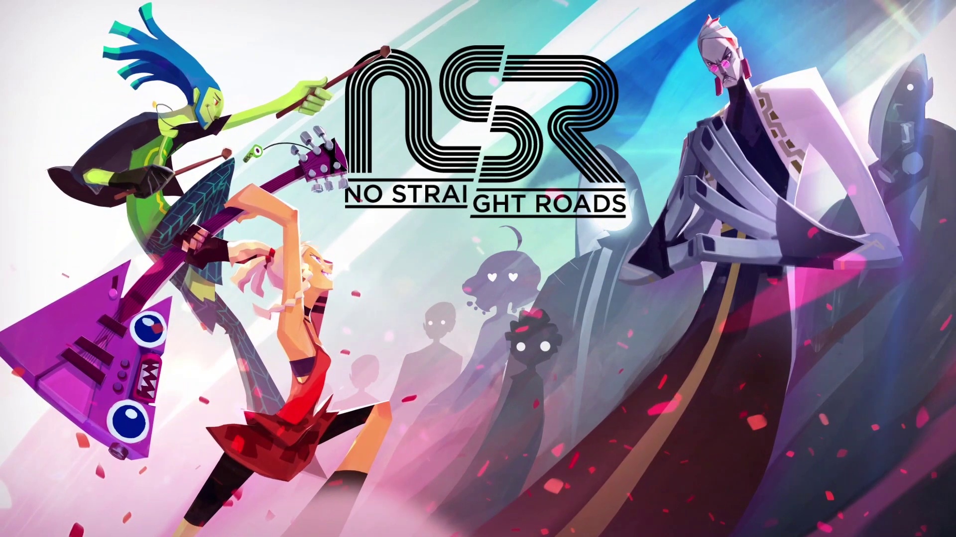 one of the promotional artworks for NSR. May and Zuke are on the left, lunging to attack Tatiana and the shadows of the evil NSR artists on the right. between them is the logo for the game