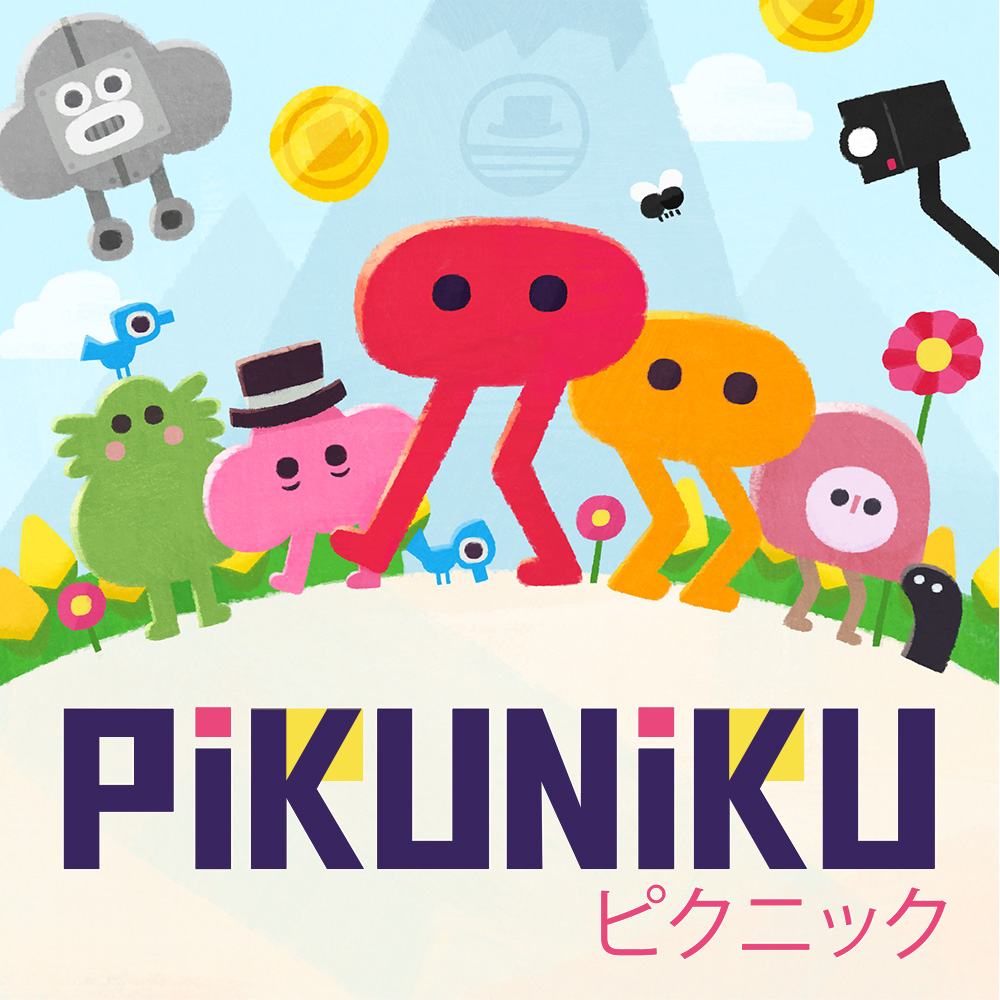 the promotional art for Pikuniku. it features many characters from the game, who are all simple cartoons of colored shapes with legs and accessories, standing on a hill. Piku, the main character, is a red oval with legs and eyes, and Niku, the 2nd player character in co-op, is the same but orange