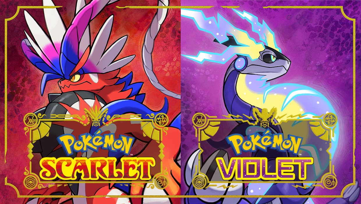 the key box art for pokemon scarlet and violet with logos