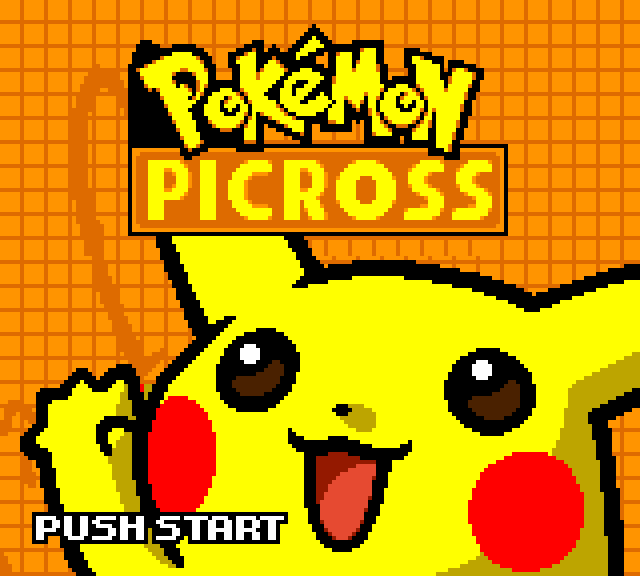 the title screen for Pokémon Picross for the Game Boy Color. it features a Pikachu on an orange grid background, with the logo and the words 'push start'