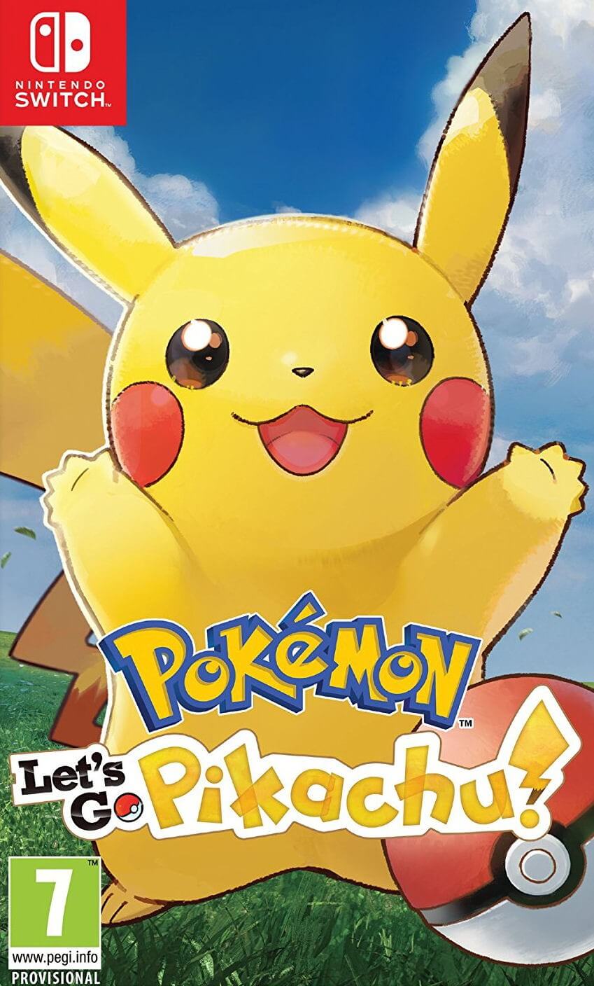 the box art for pokemon let's go pikachu. it features a stylized drawing of pikachu in front of a cloudy sky with a pokeball next to the logo