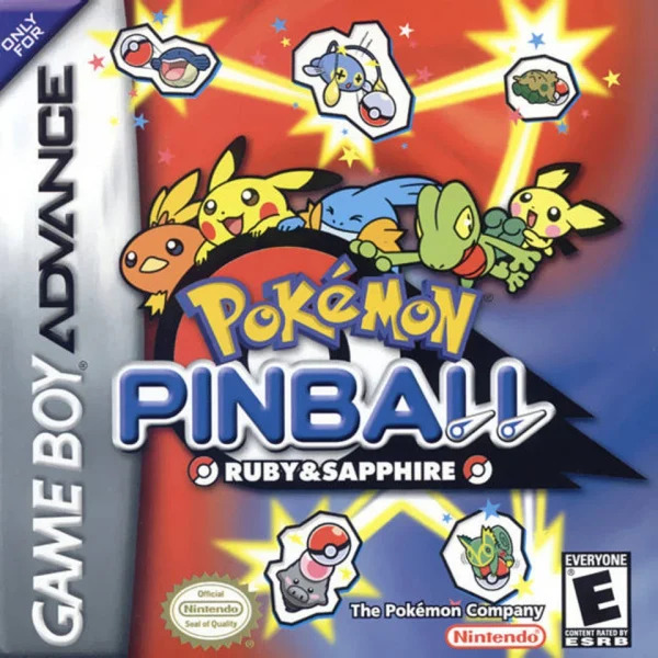 the Game Boy Advance box art for Pokémon Pinball: Ruby & Sapphire. it features five pokémon holding onto a pokéball behind the title, which is drawn to look like it is moving very fast. there are five other pokémon around the logo with smaller pokéballs, and shining yellow lines connect them as if tracing the path of the pinball. the background is red and blue, split on a diagonal wave.