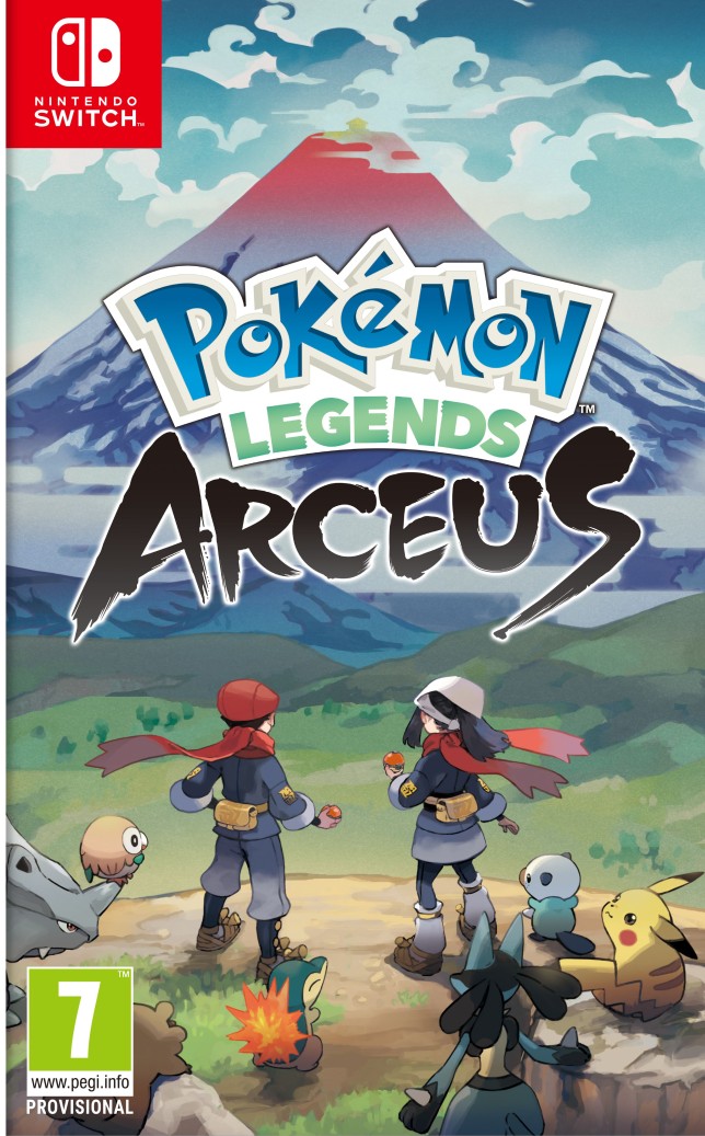 the box art for pokemon legends arceus. it features the two player characters from behind who are standing and overlooking a vast, open world. mount coronet is off in the distance, reaching to the top of the box. there are multiple pokemon standing behind the players in the foreground, namely rhyhorn, rowlet, bidoof, cyndaquil, lucario, oshawott, and pikachu