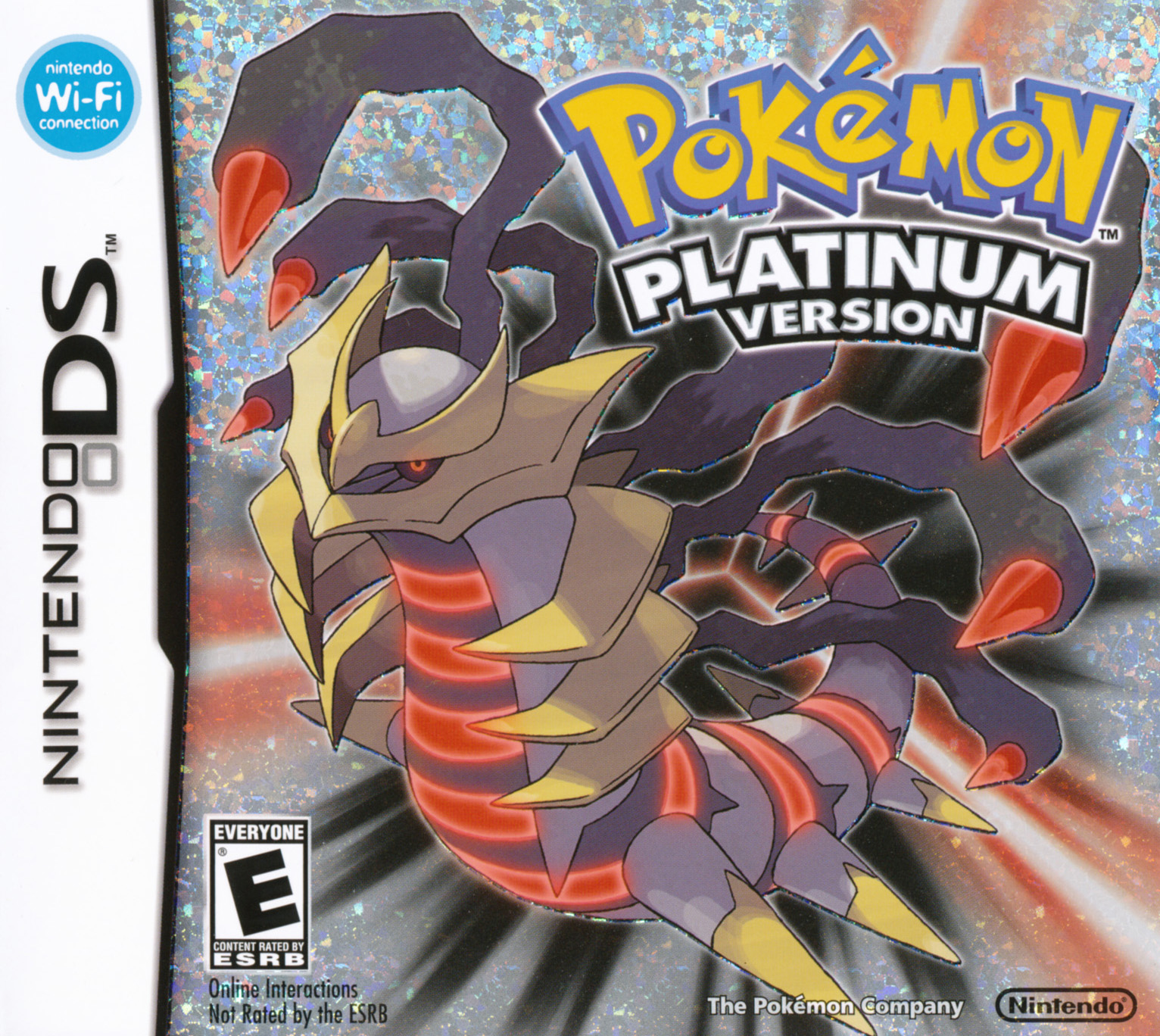 the box art for pokemon platinum. it features giratina on a glittery, red-white-and-black starburst background