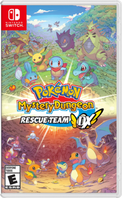 the box art for Pokémon Mystery Dungeon: Rescue Team DX for the Nintendo Switch. it features a split artwork. on the top half, many pokémon in a green field with a blue sky look down. on the bottom half, many pokémon in a red cave look up. in the center, between the two artworks, is the game logo