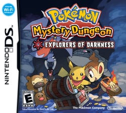 the box art for Pokémon Mystery Dungeon: Exploreres of Darkness for the Nintendo DS. it features a few pokémon in a dark cave opening a treasure chest, while more pokémon in the back get ready to attack them