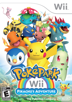 the box art for Poképark Wii: Pikachu's Adventure. it features many pokémon on a white background, with an aerial view of the world at the very bottom. the game logo is also at the bottom, and features a rainbow