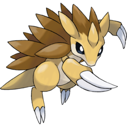 the official art for Sandslash, a yellow and brown pokémon based on a pangolin. it walks on two legs and has large claws for digging, with brown quills on its back