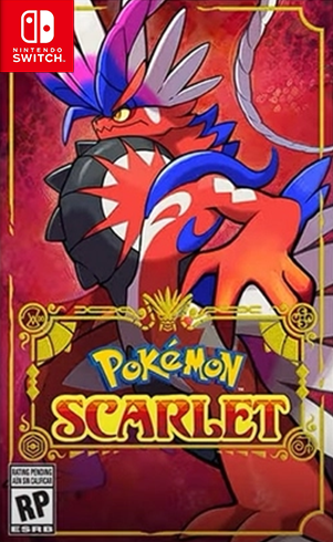 the box art for pokemon scarlet. it features koraidon on a background made to look like a worn, red book with gold lettering