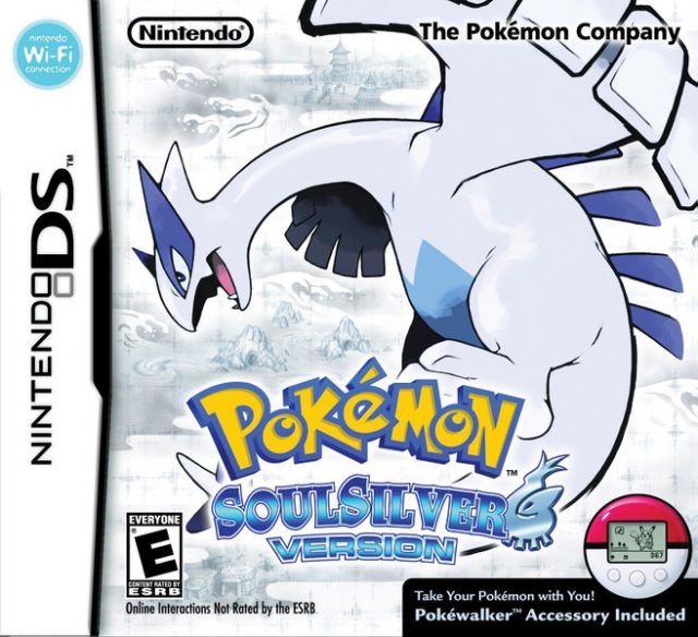 the box art for pokemon soulsilve. it features lugia with an artistic background of white swirling whirlpools around island caves and tall japanese temples