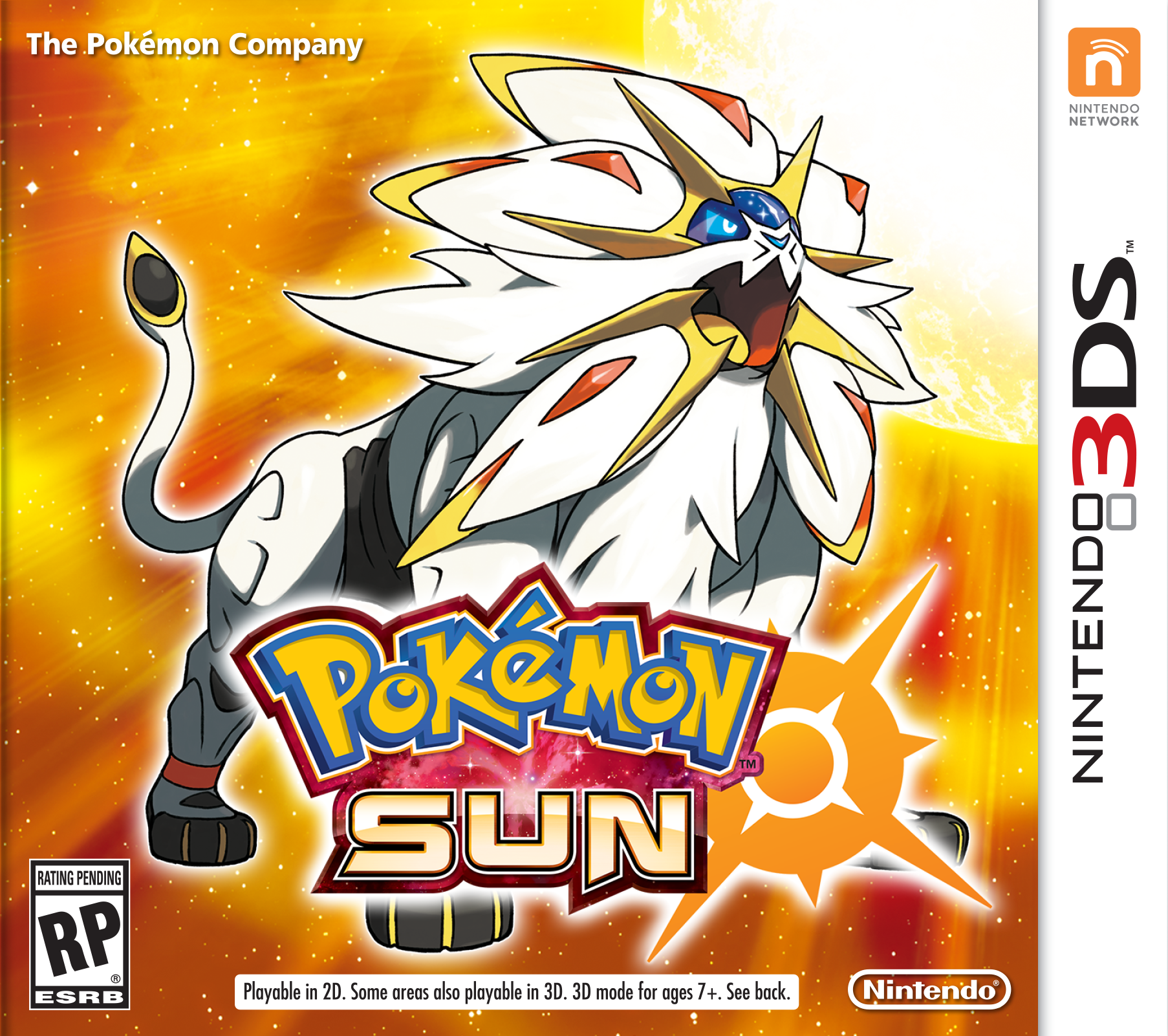 the box art for pokemon sun. it features solgaleo on a bright orange background with a shining sun in the top right corner