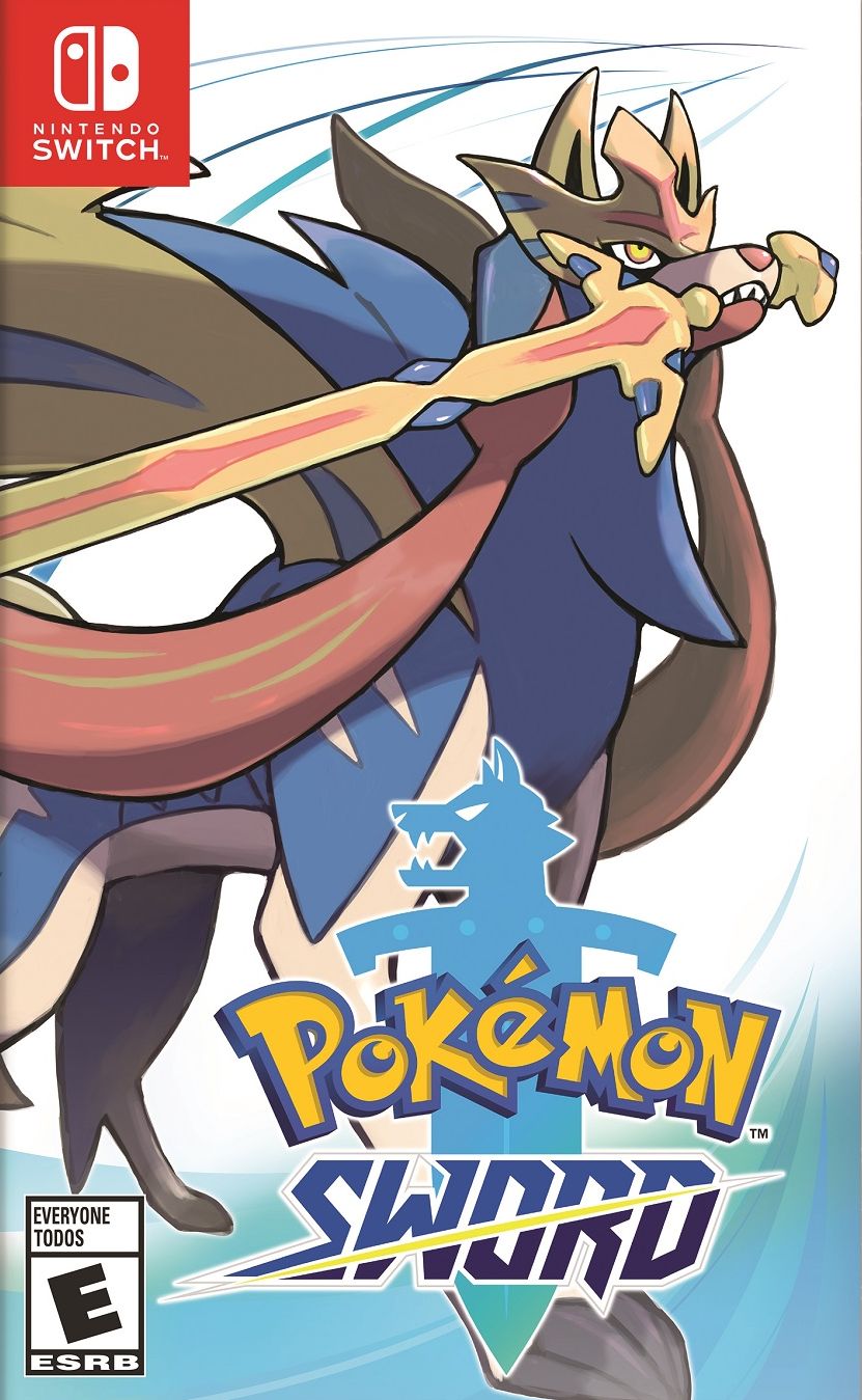 the box art for pokemon sword. it features zacian on a white background with a short cyan gradient at the bottom