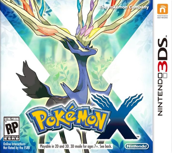 the box art for pokemon x. it features xerneas on a white background with a large x filled in with a lush forest illustration