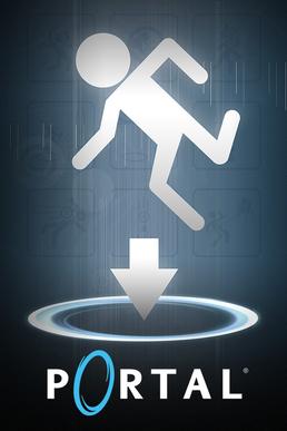 the box art for Portal. a white stick person, reminiscent of caution and construction signs, is in a running position over top of an arrow pointing down. below the arrow is a white portal.