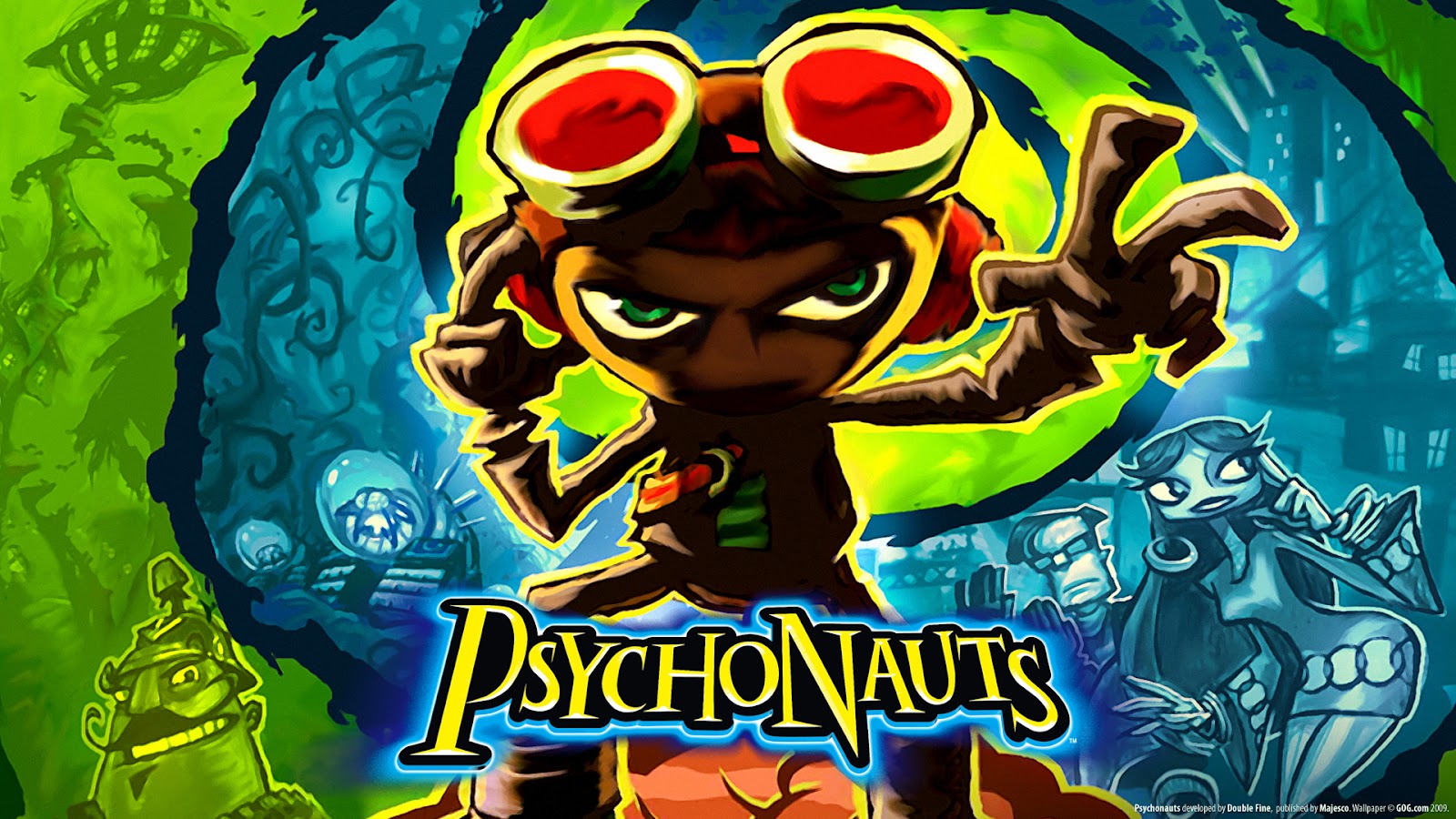 a portion of the original box art for Psychonauts. it features the main charaacter, Raz, standing on a brain with one hand up to his head and the other outstretched as if he is using psychic powers. green and blue spirals out behind him. inside the spiral are slightly transparent images of other characters from the game
